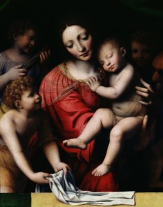 Den sovende Jesus, eller Madonna, der holder det sovende barn, ledsaget af tre engle, 1532